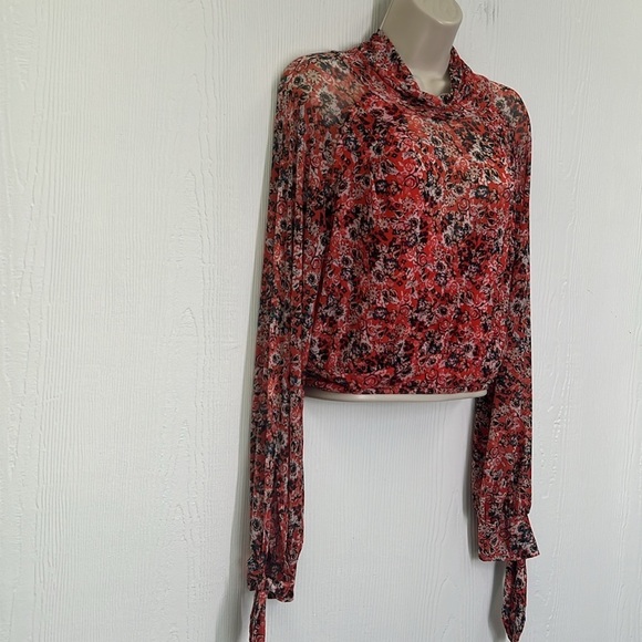 Free People - All Dolled Up Red Floral Print Mesh Long Sleeve  Top Size … - Picture 5 of 15